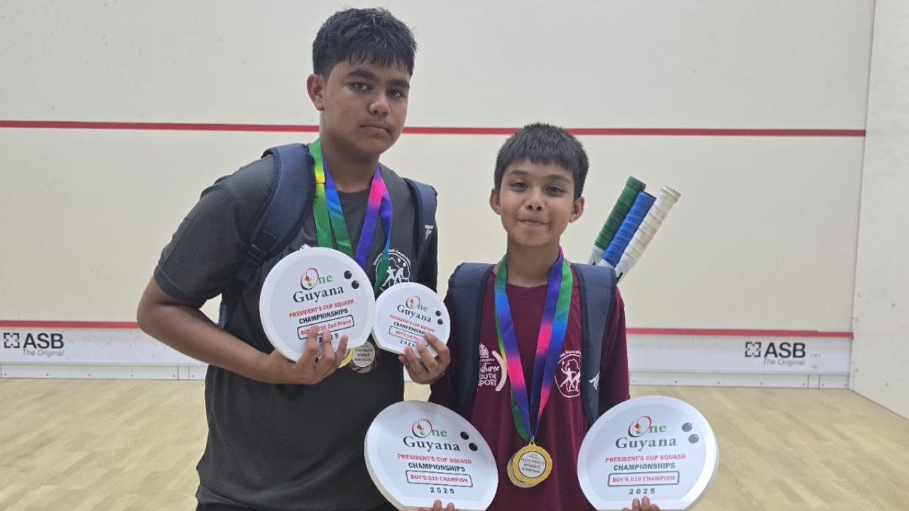 12-year-old Ethan Bulkan cops U-15, U-19 and Doubles titles at One Guyana Squash tournament